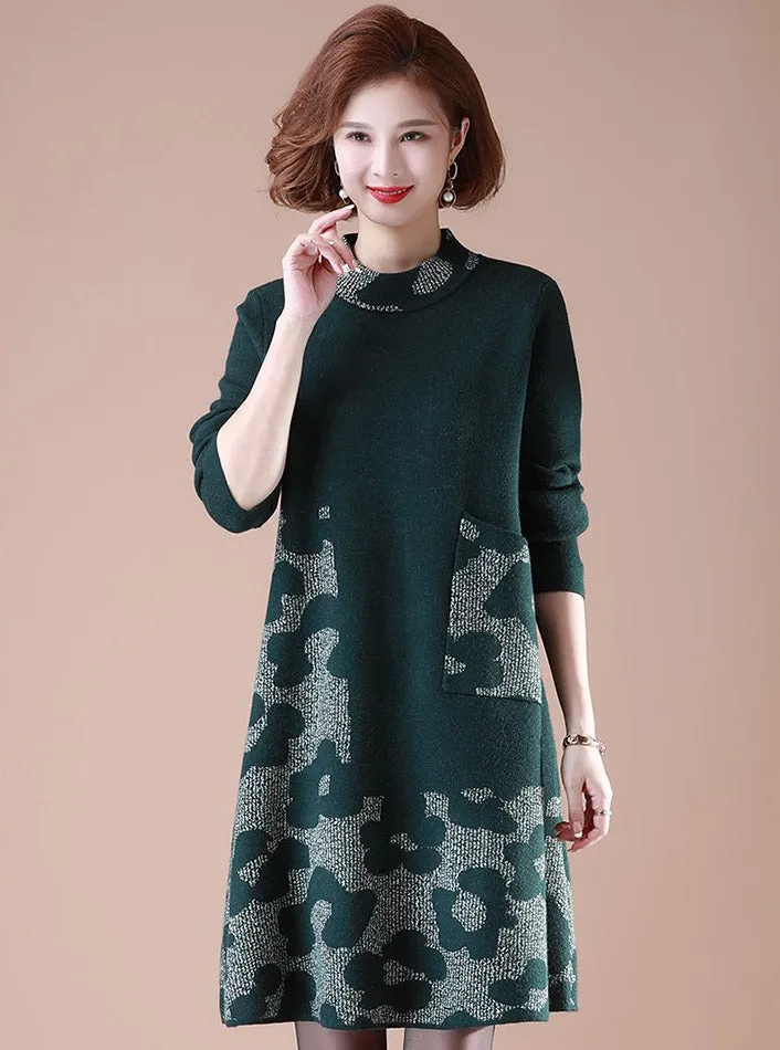 Round Collar Long Sleeve Knee Length A-line Floral Knit Dress with Pocket