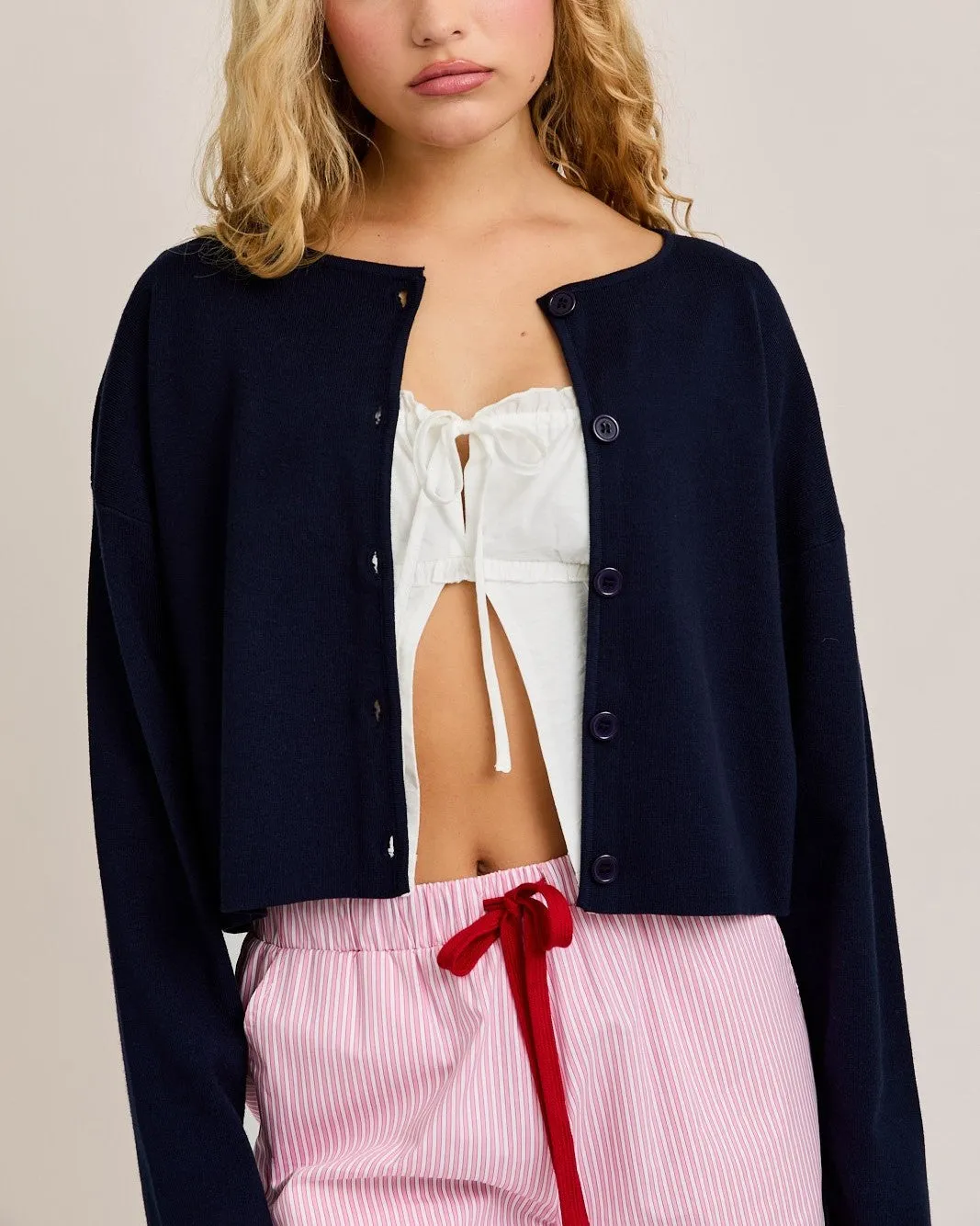 Round Neck Sweater Cardigan - Navy
