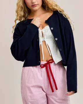 Round Neck Sweater Cardigan - Navy