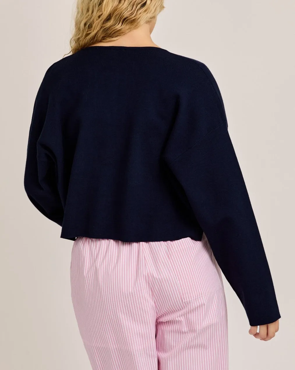 Round Neck Sweater Cardigan - Navy