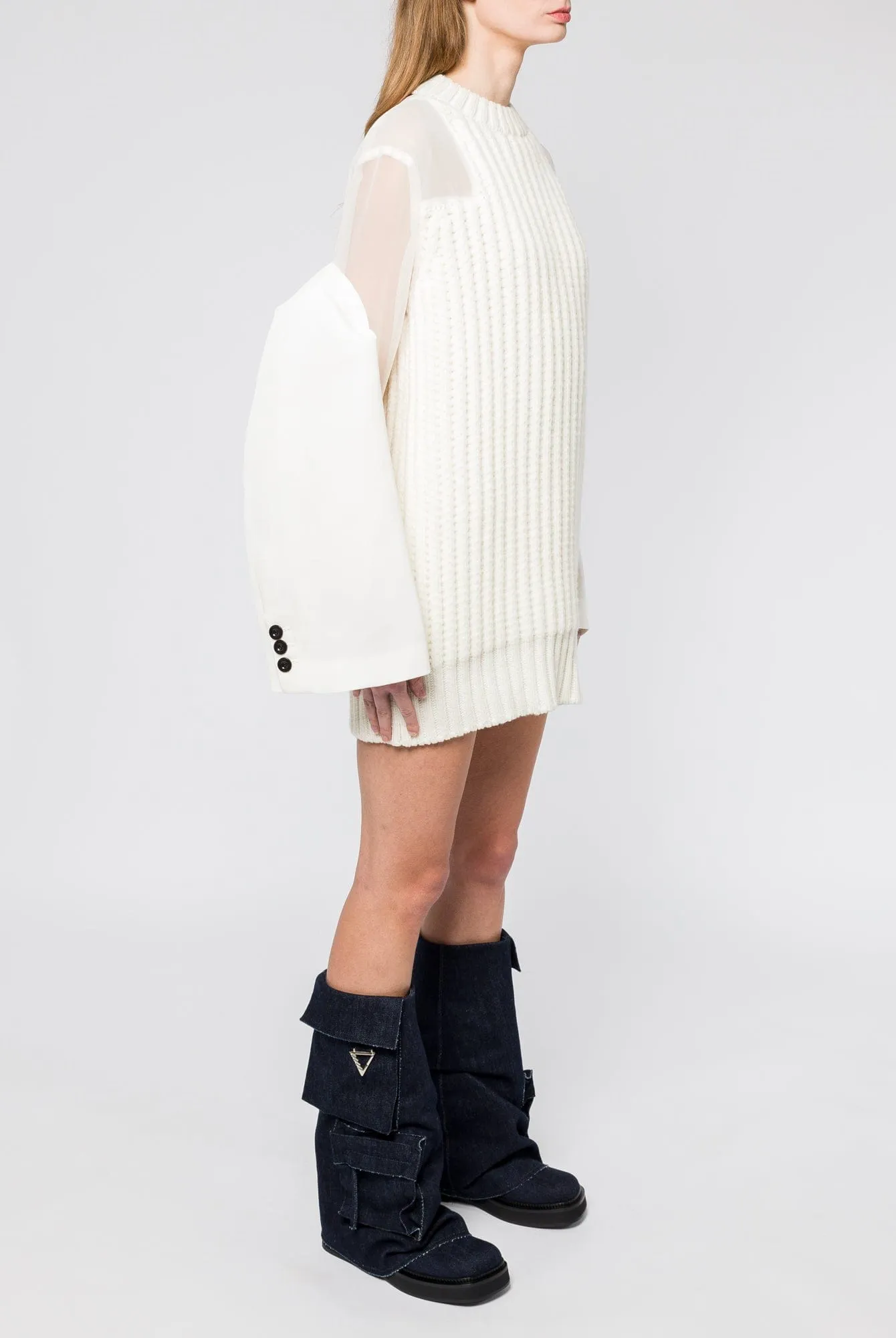 Sacai Silk Chiffon Mix Knit Dress in Off White