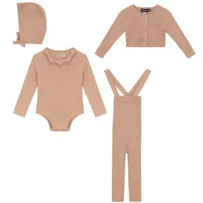 set outfit three piece knit overalls with embroidered collar cardigan onesie and hat - maple sugar