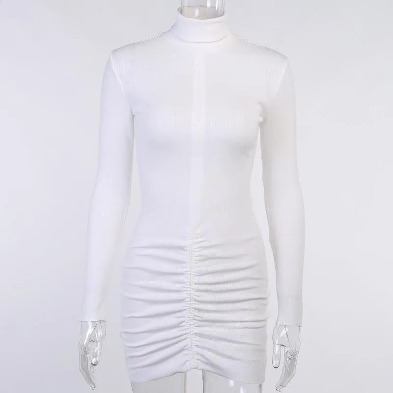 Sexy High Neck Long sleeve drawstring Pleated Bodycon Dress