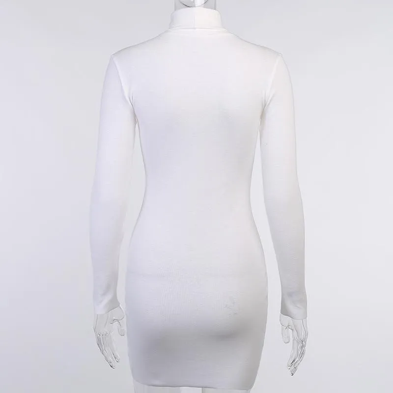 Sexy High Neck Long sleeve drawstring Pleated Bodycon Dress