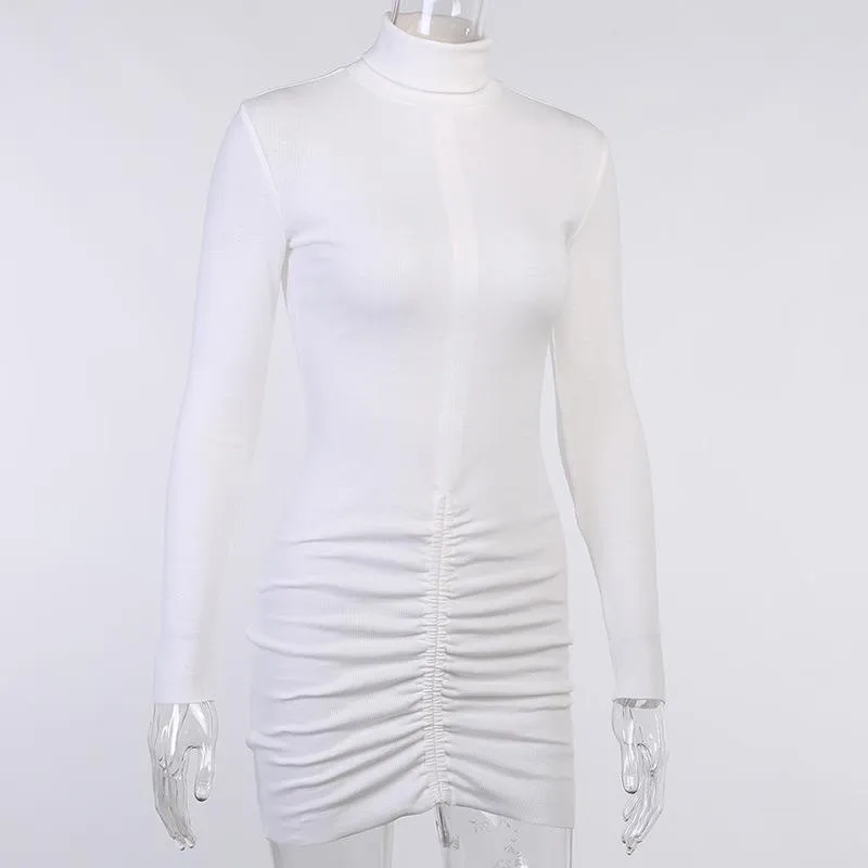 Sexy High Neck Long sleeve drawstring Pleated Bodycon Dress