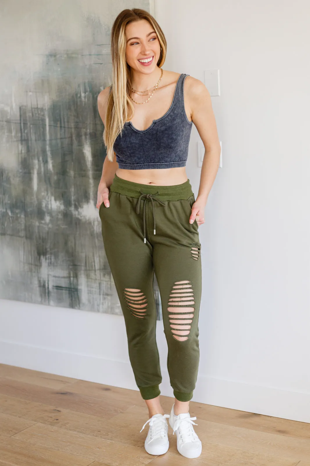 She Got Skills Distressed Olive Green Joggers