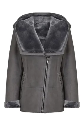 Shearling leather hooded jacket in grey