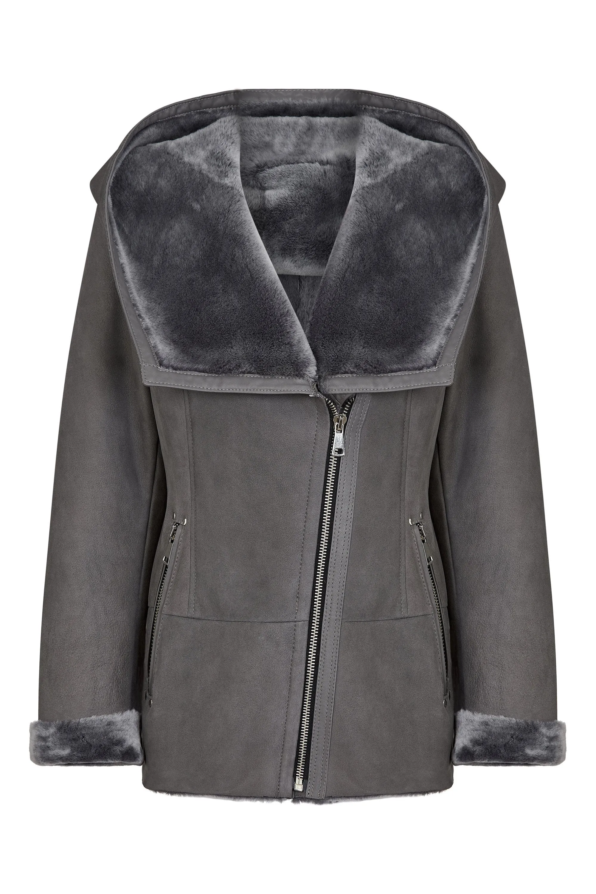 Shearling leather hooded jacket in grey
