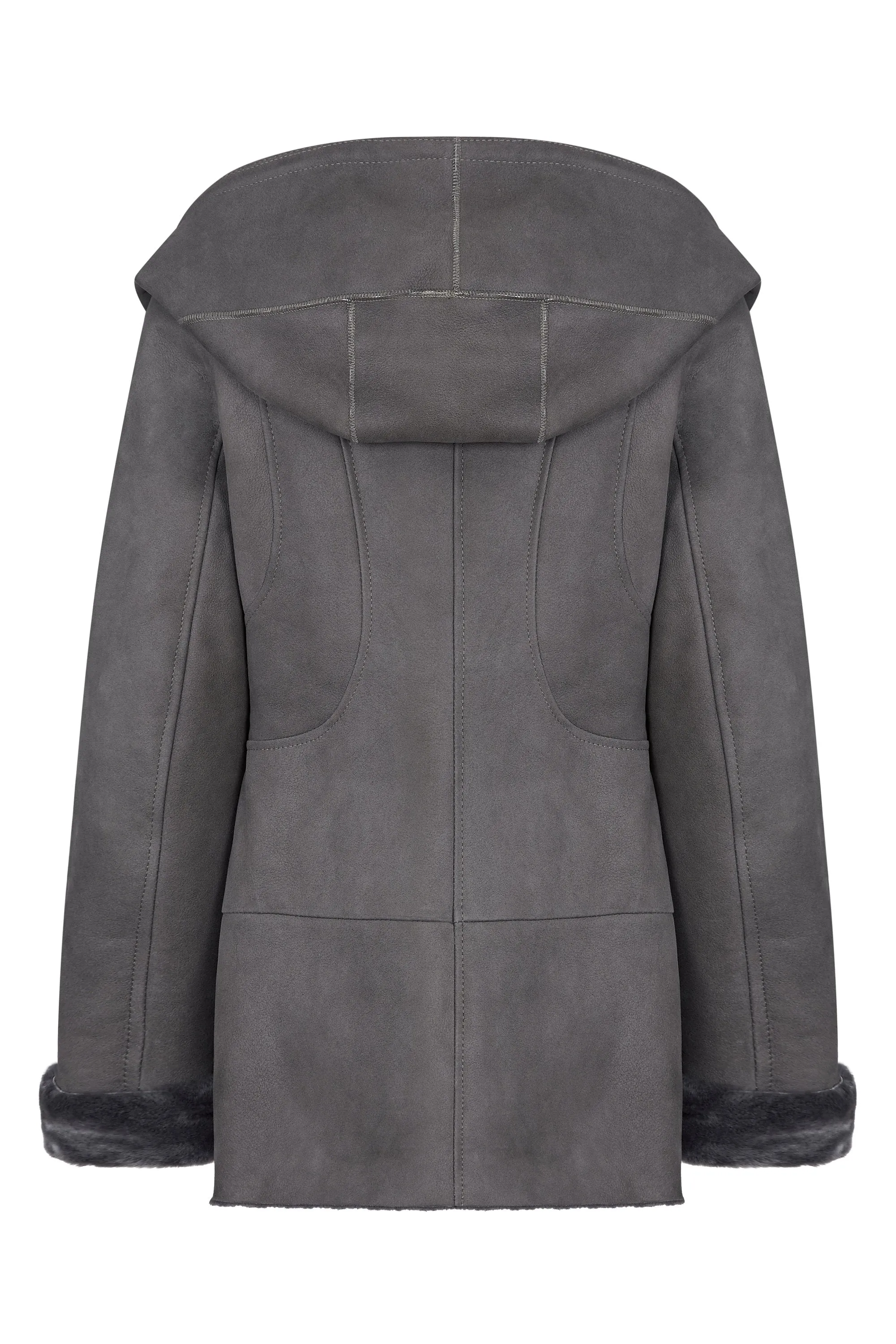 Shearling leather hooded jacket in grey