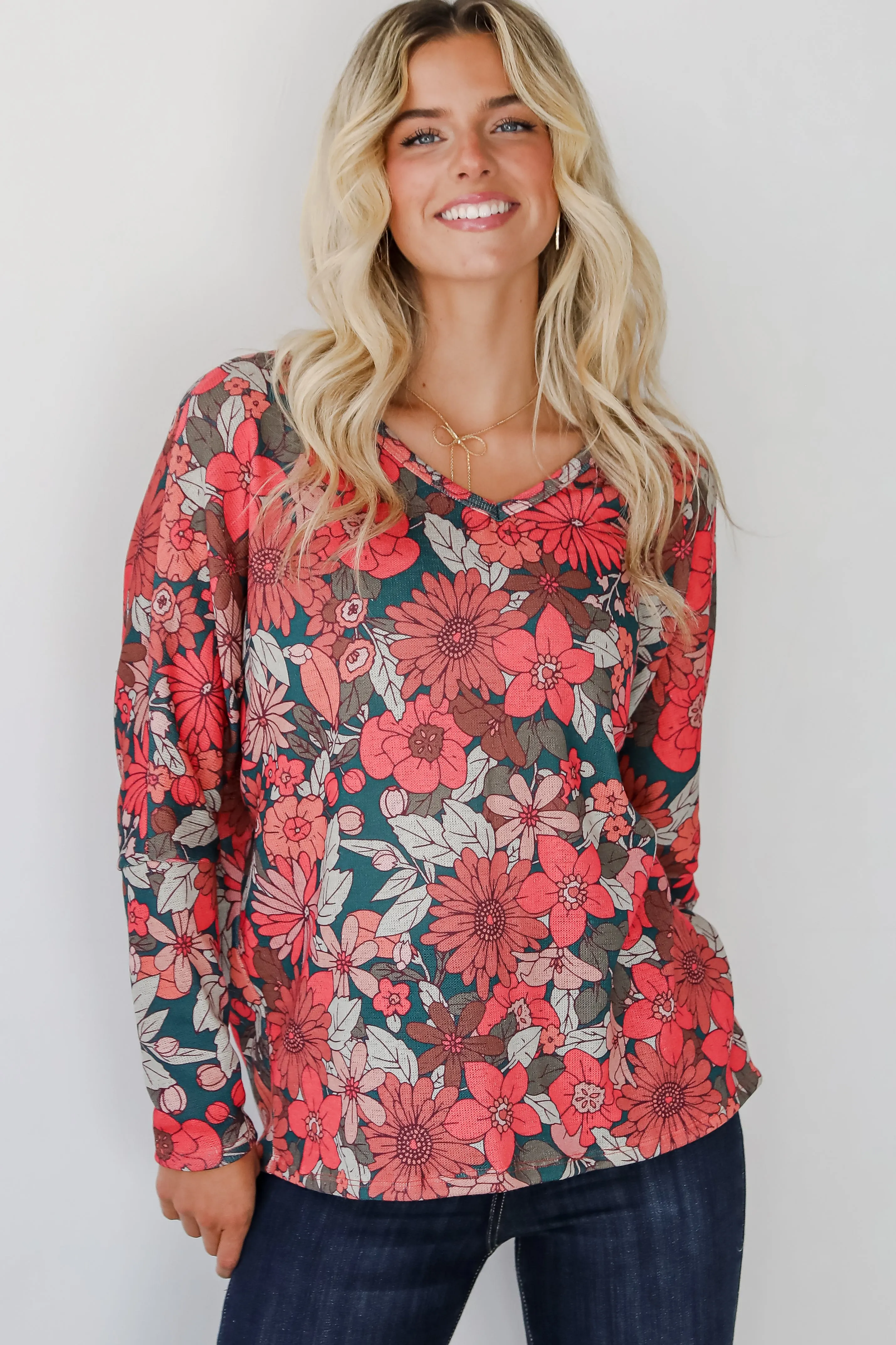 Simply Brilliant Teal Floral Knit Top - DOORBUSTER