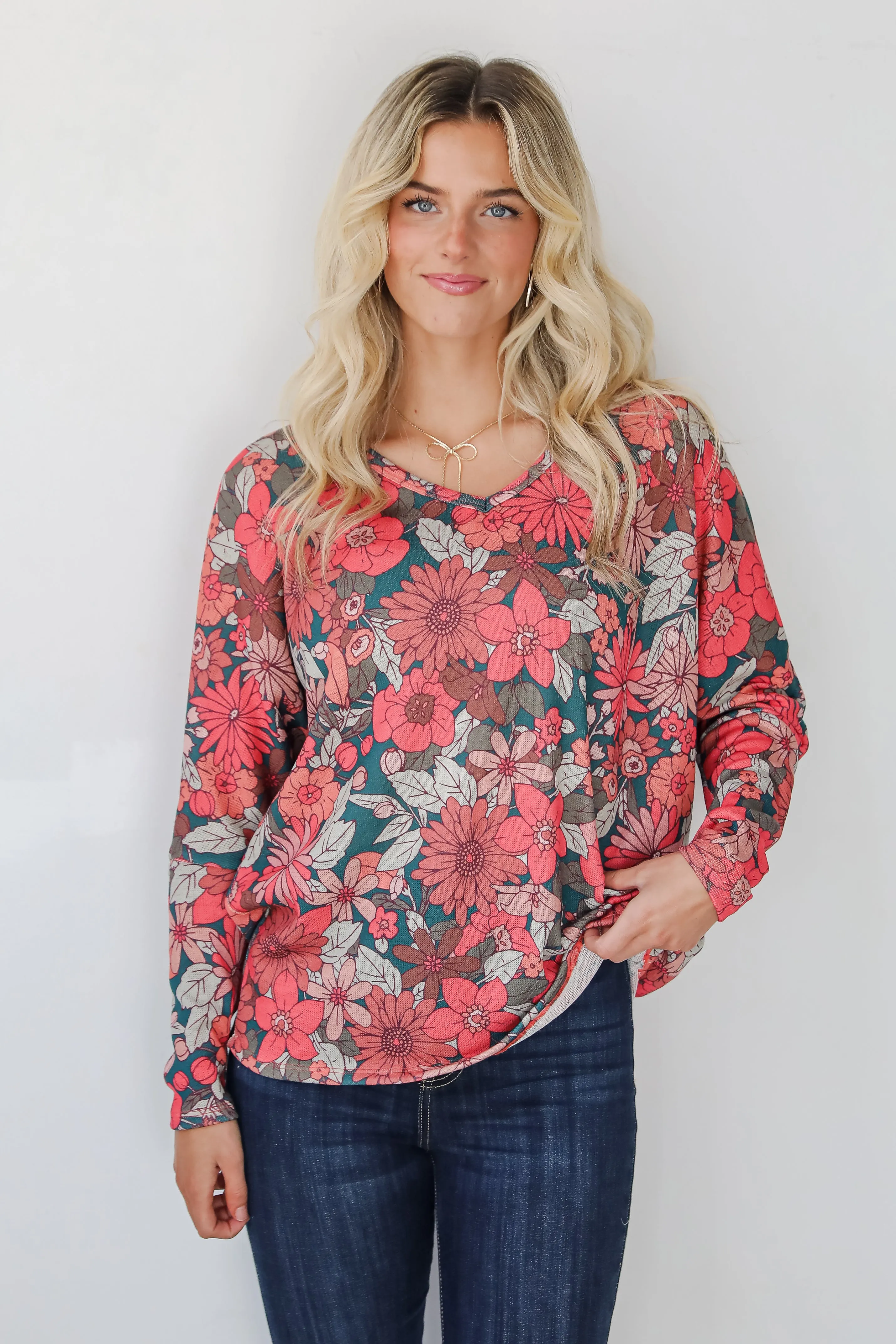 Simply Brilliant Teal Floral Knit Top - DOORBUSTER