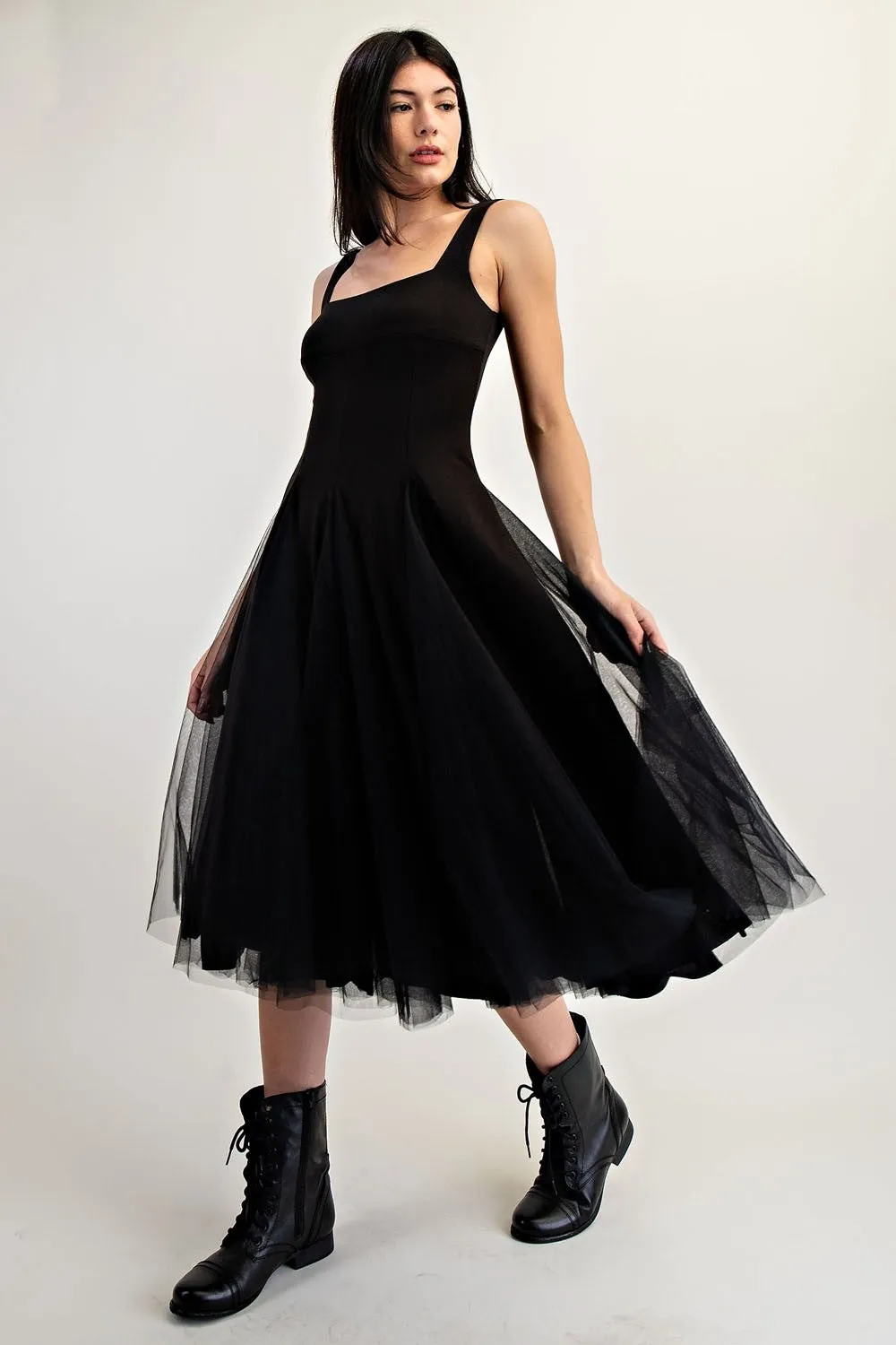sleeveless square neck tulle midi dress