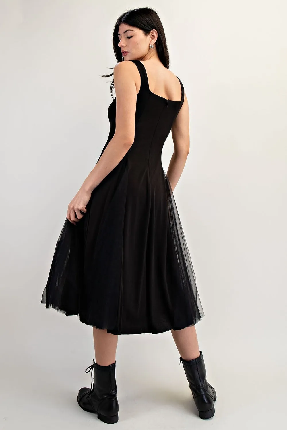 sleeveless square neck tulle midi dress