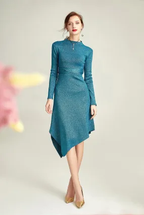 Spring and autumn starry silk soft knitted fish slant blue green dress - Neo