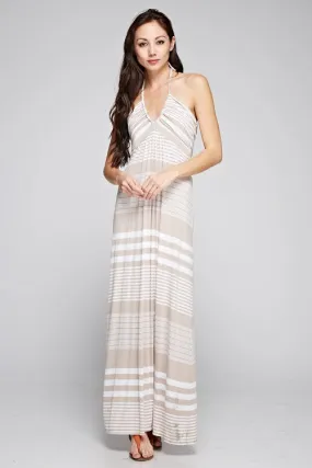 Striped Knit Braided Sleeveless Halter Maxi Dress