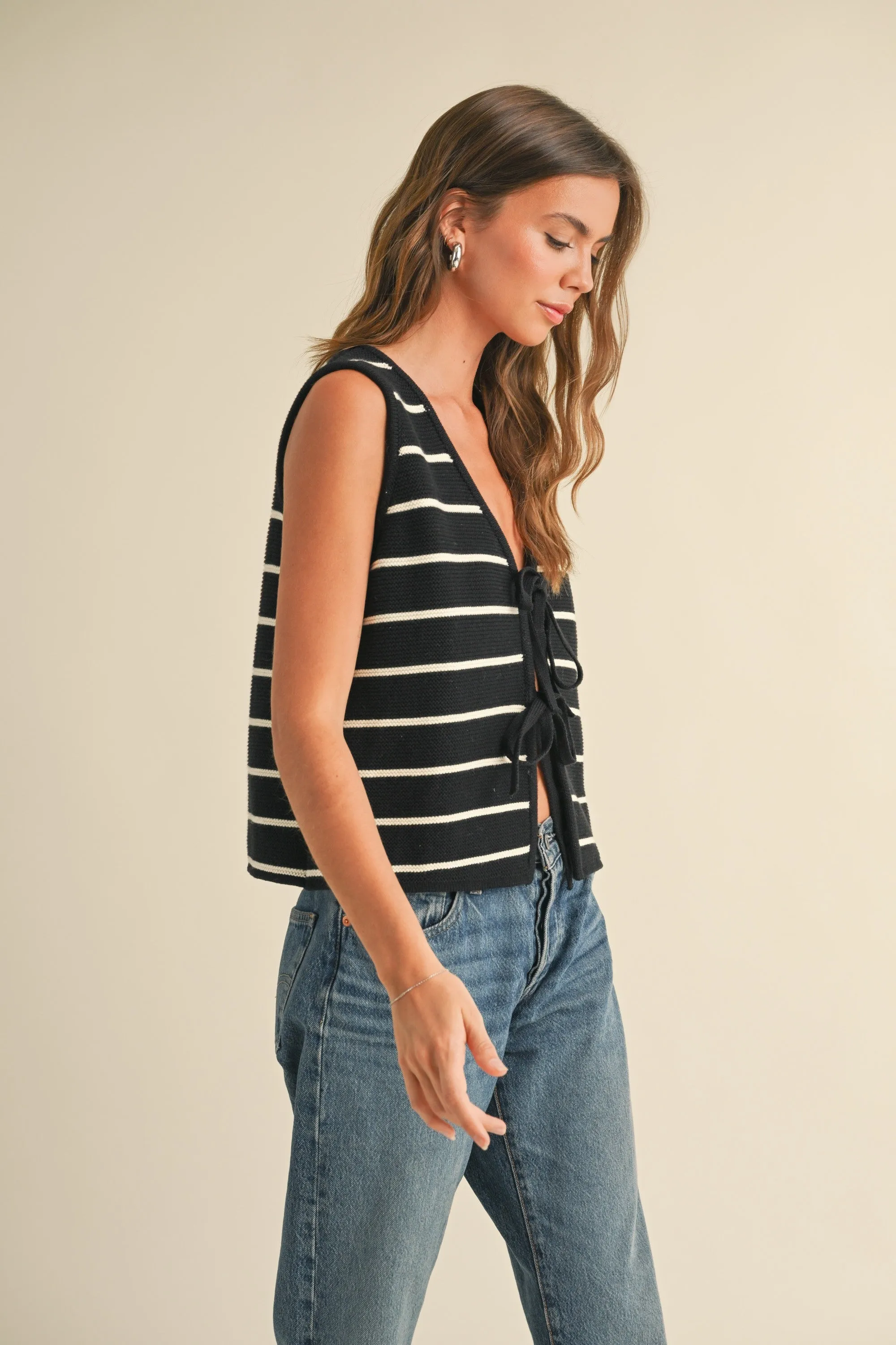 Striped Knitted Tie Front Vest