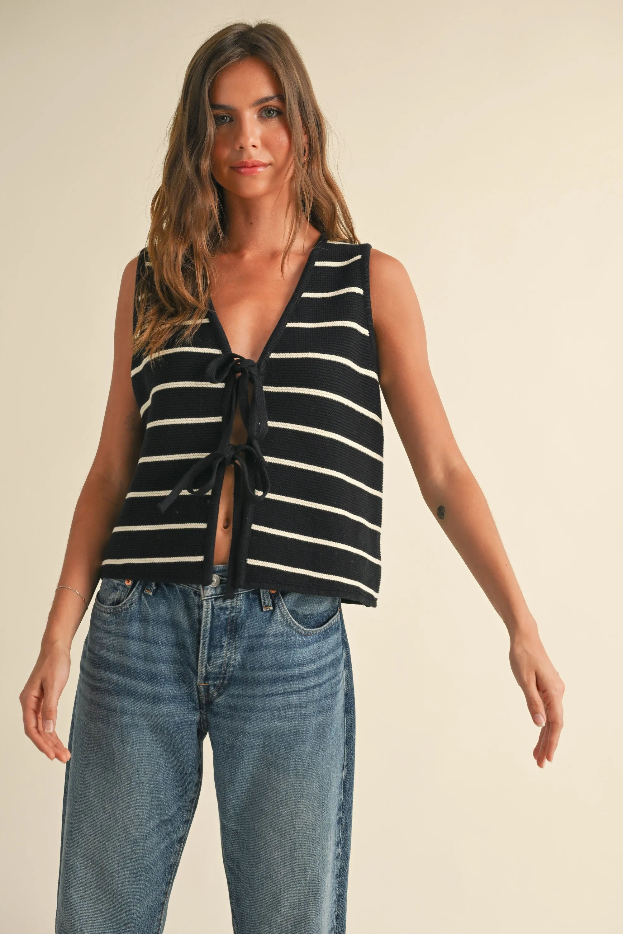 Striped Knitted Tie Front Vest
