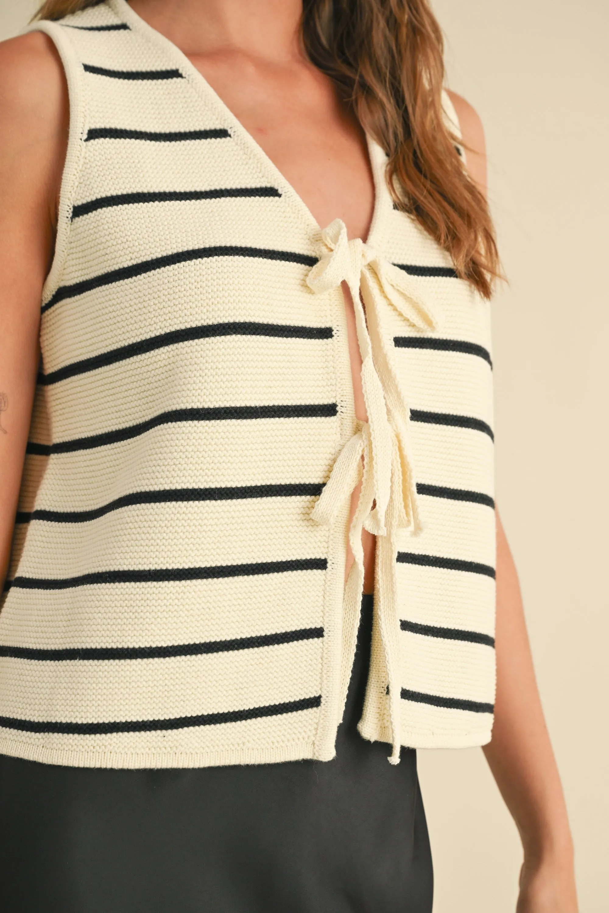 Striped Knitted Tie Front Vest