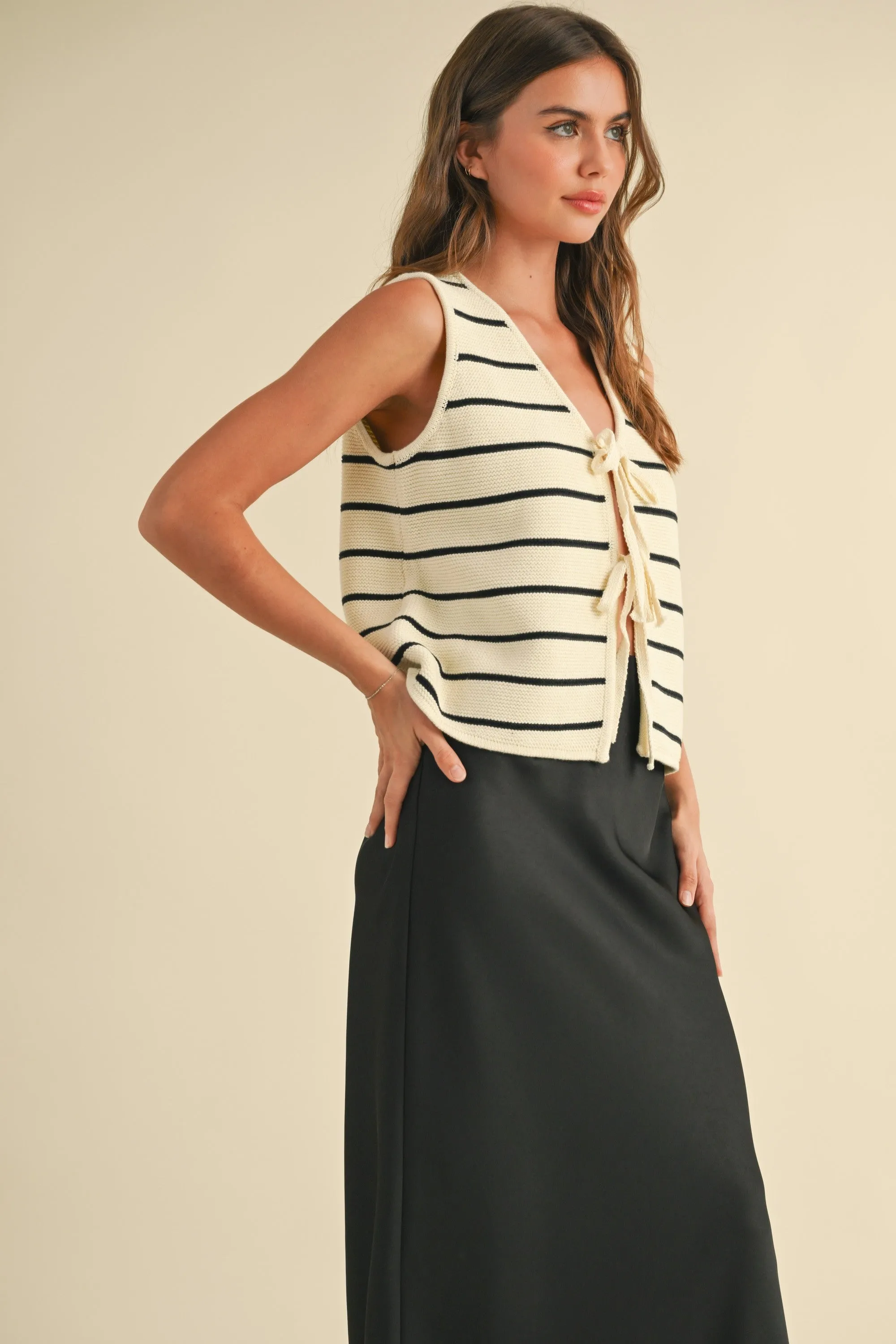 Striped Knitted Tie Front Vest
