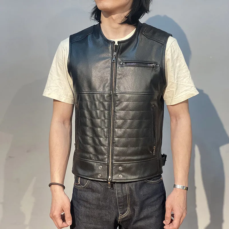 Striped Sew Double-Open Cowhide Leather Vest