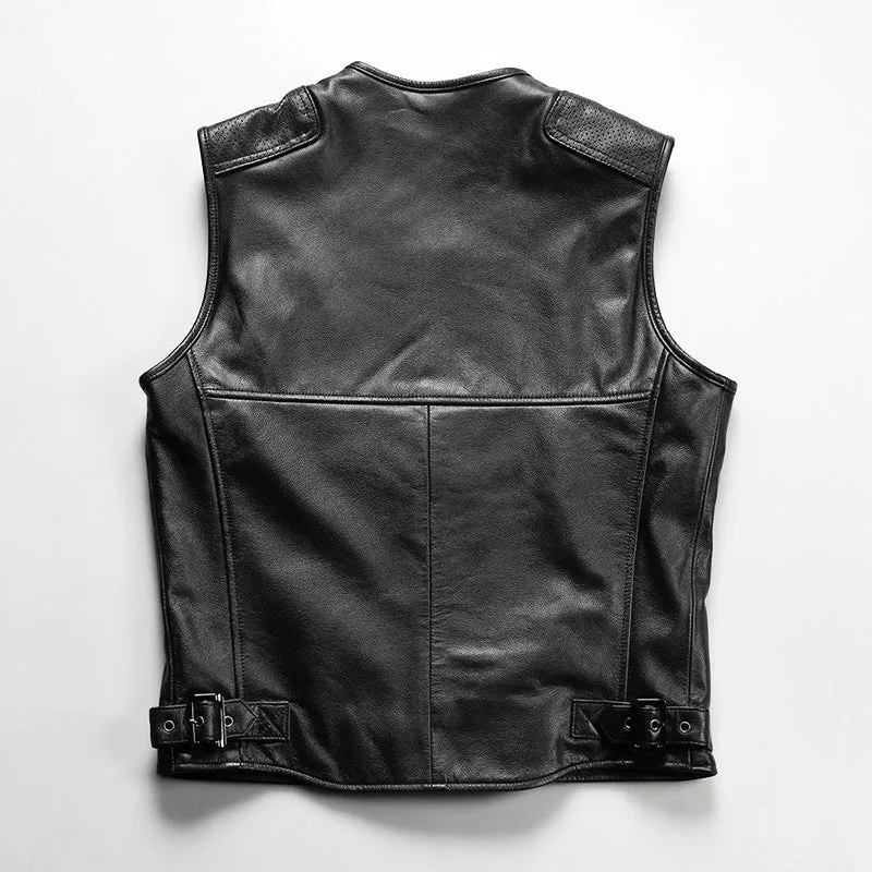 Striped Sew Double-Open Cowhide Leather Vest