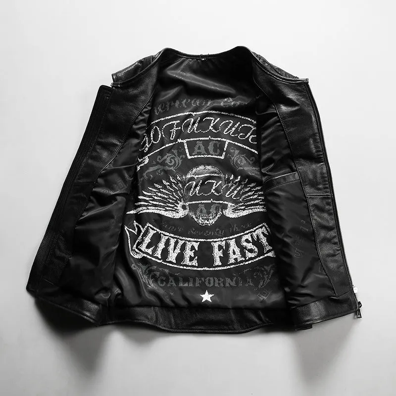 Striped Sew Double-Open Cowhide Leather Vest