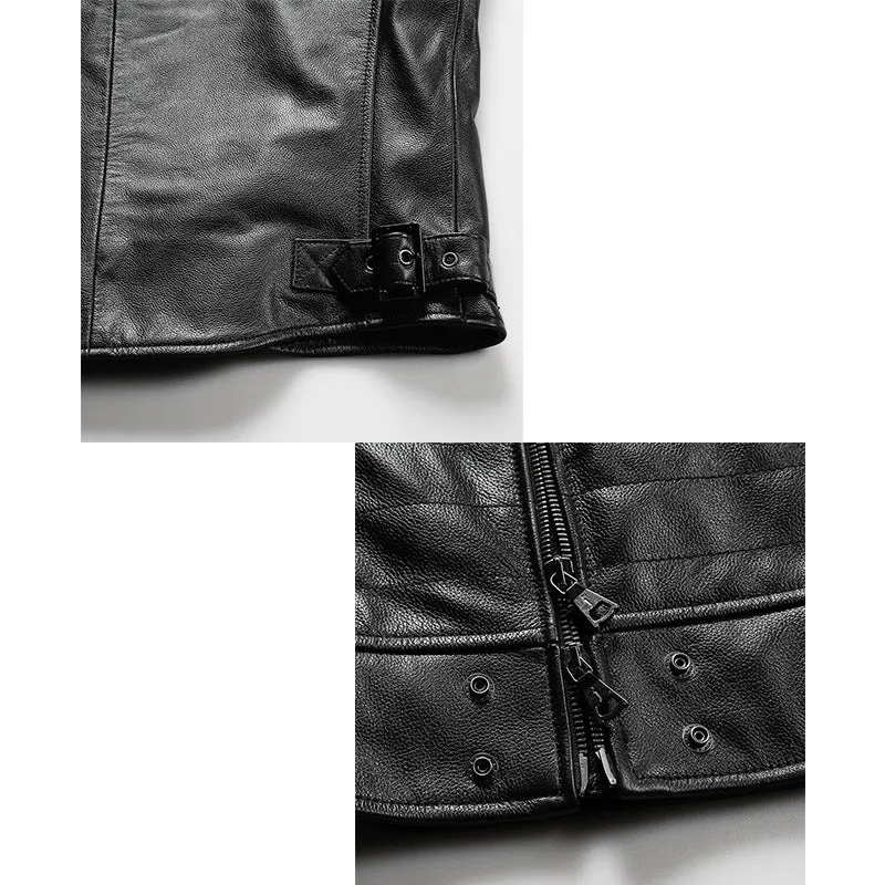 Striped Sew Double-Open Cowhide Leather Vest