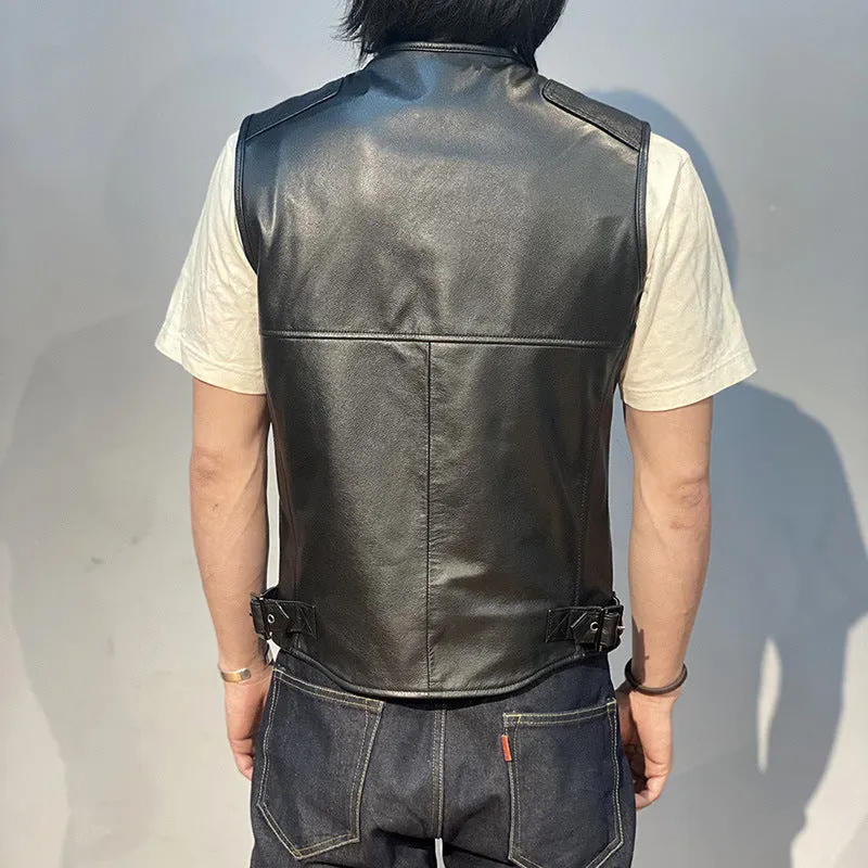 Striped Sew Double-Open Cowhide Leather Vest