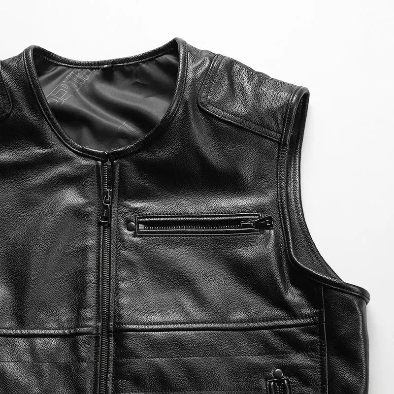 Striped Sew Double-Open Cowhide Leather Vest