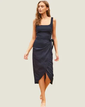 The Kat: Navy Linen Blend Wrap Midi