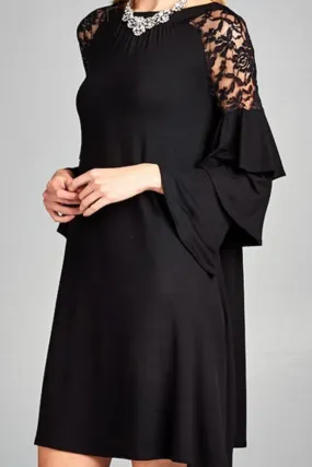 TIERED BELL SLEEVE DRESS WITH LACE SHOULDERS