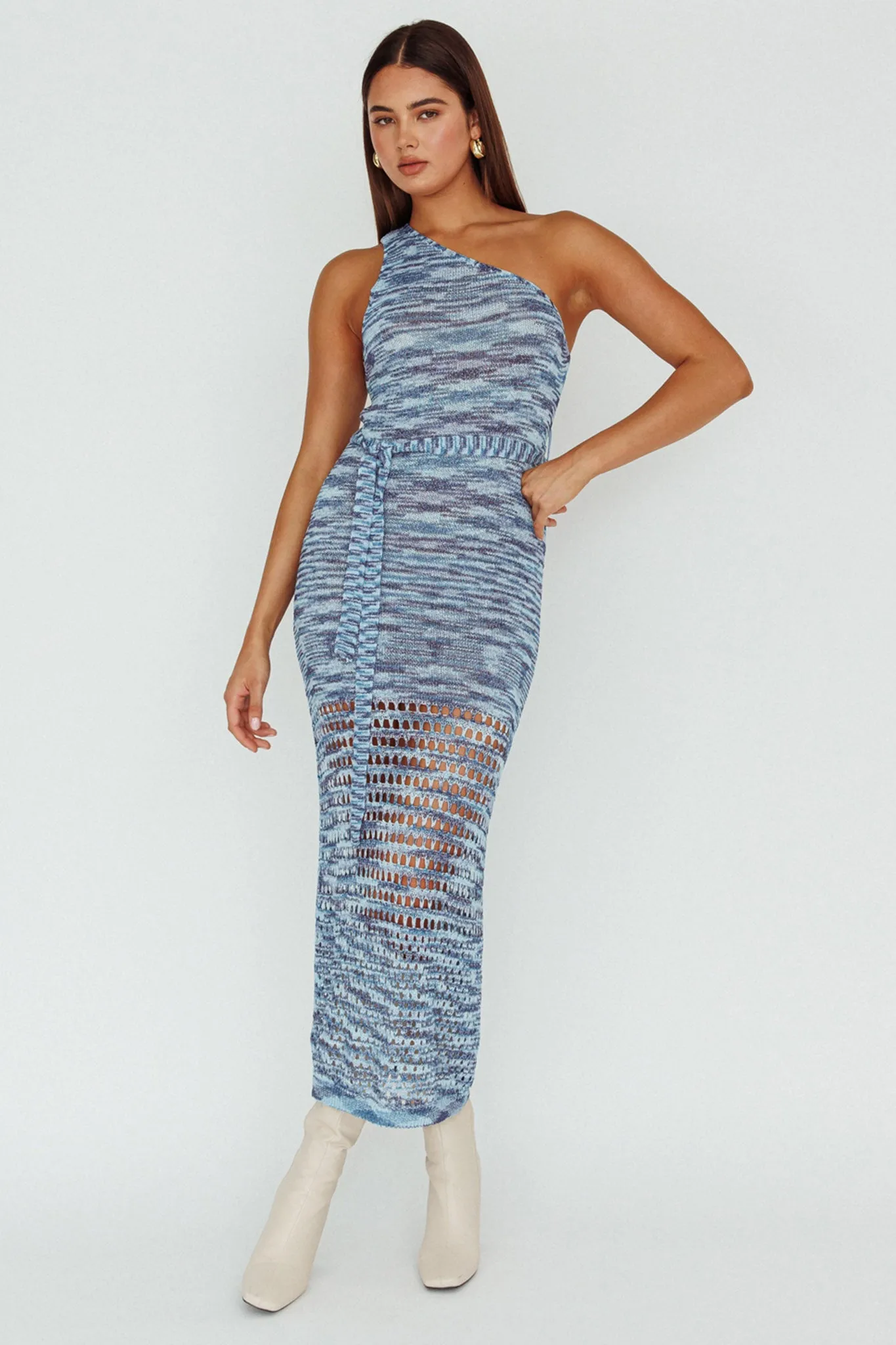 Tyanna One-Shoulder Knit Midi Dress Blue Multi