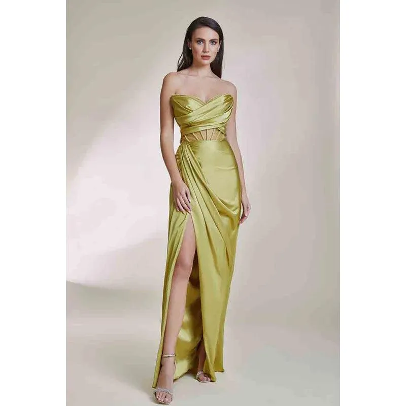 V-Neck Strapless Sleeveless Beaded Ruched Satin Sheath Long Evening Dress