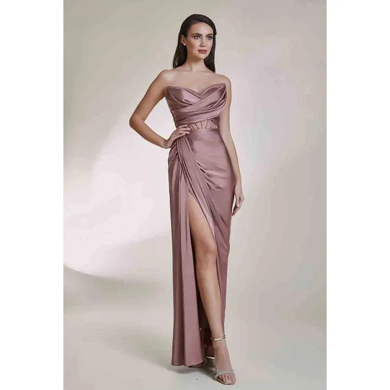 V-Neck Strapless Sleeveless Beaded Ruched Satin Sheath Long Evening Dress