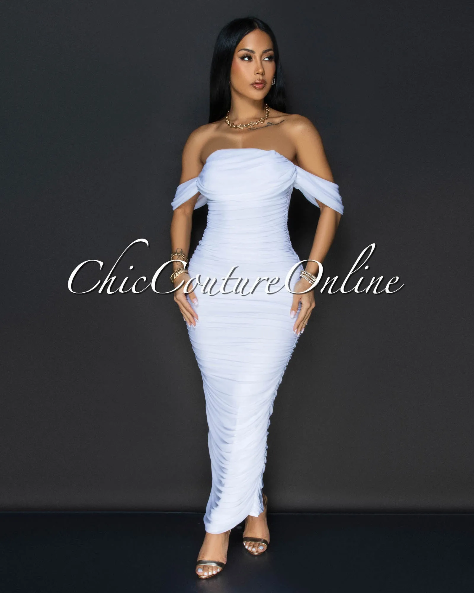 Vella White Mesh Overlay Ruched Off-The Shoulder Dress