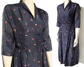 Vintage 40s Dress Silk Navy Blue Novelty Print S / M