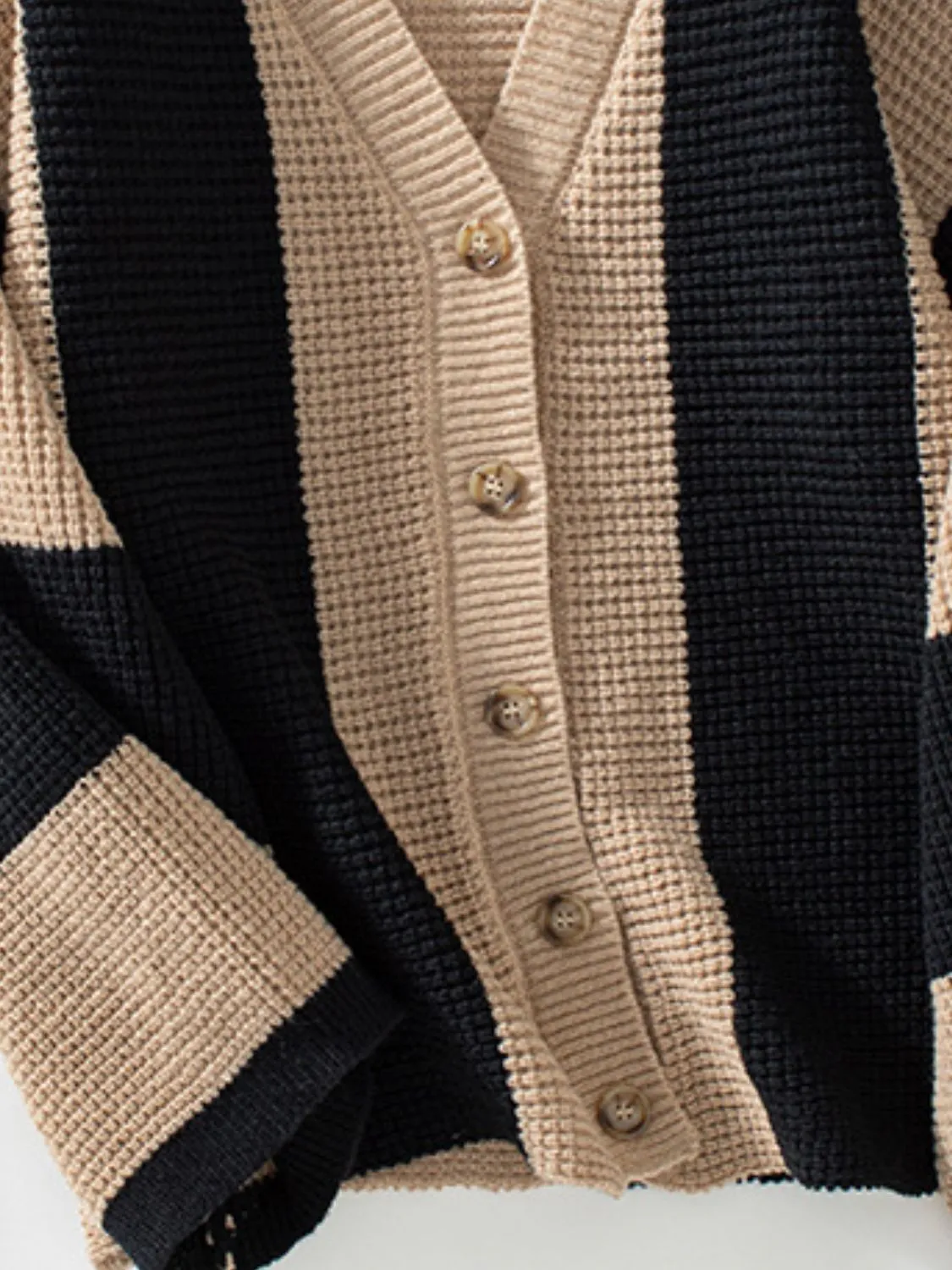Waffle-Knit V-Neck Striped Long Sleeve Cardigan | Winter Fashion