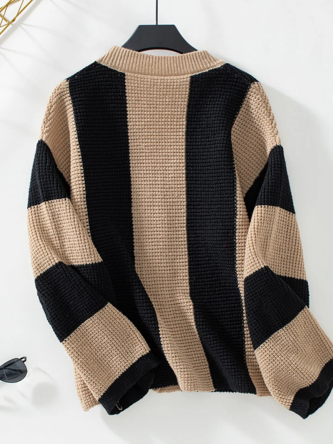 Waffle-Knit V-Neck Striped Long Sleeve Cardigan | Winter Fashion