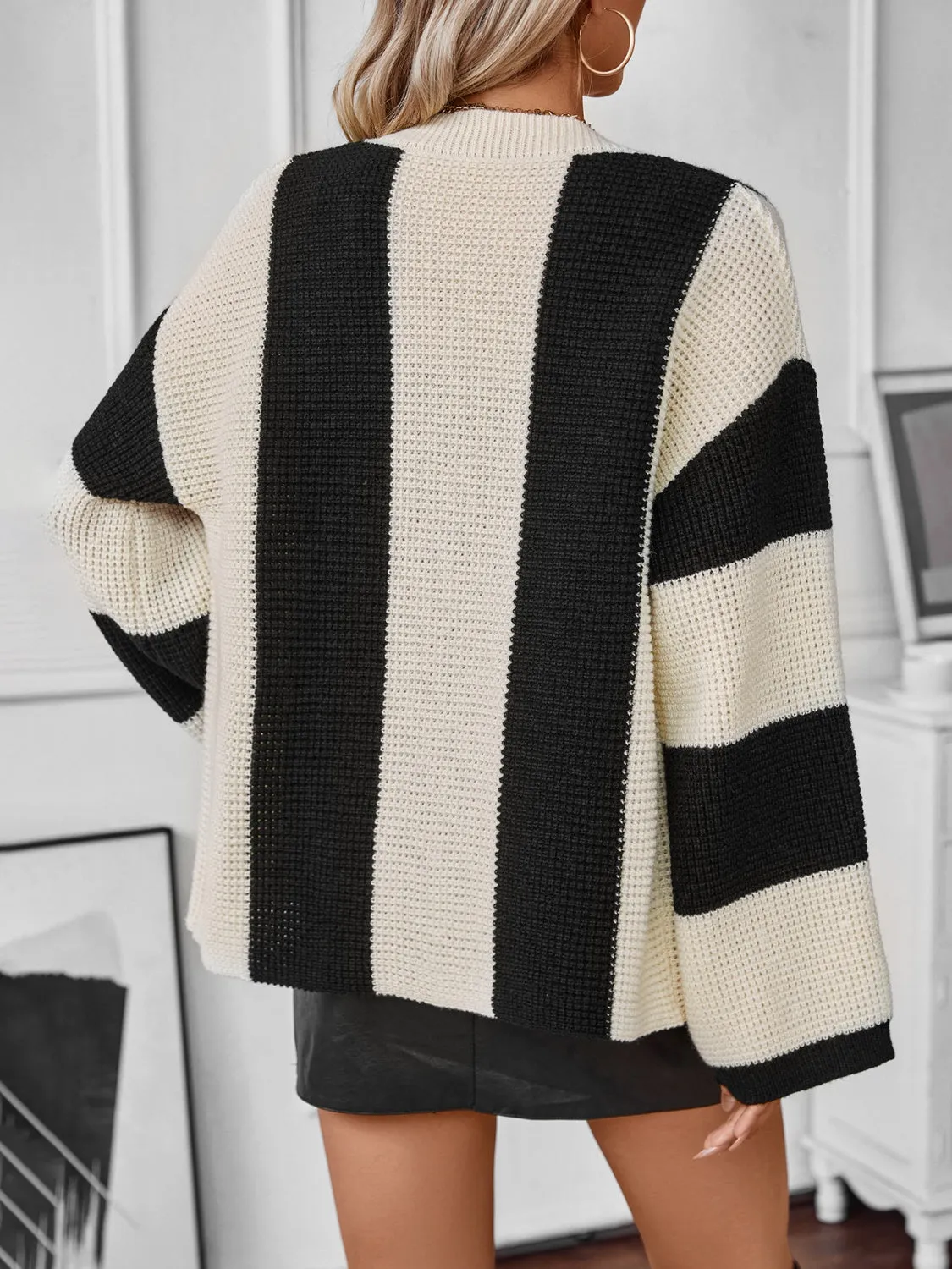 Waffle-Knit V-Neck Striped Long Sleeve Cardigan | Winter Fashion