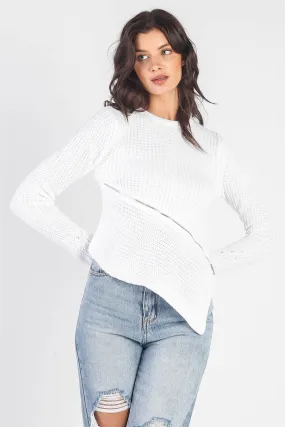 White Knit Asymmetrical Hem Zip Detail Sweater /4-3