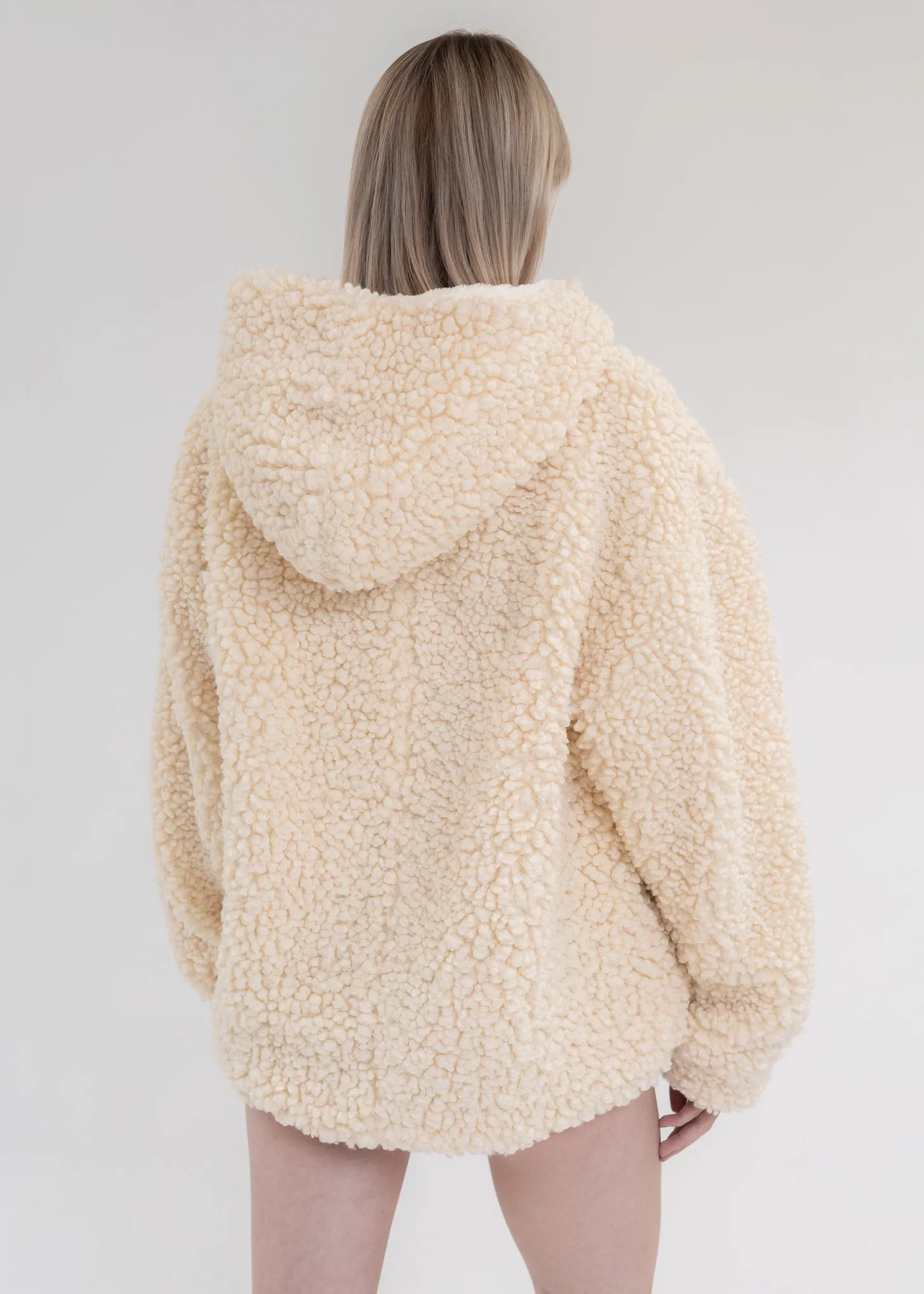 Winter White Faux Shearling Zip Hooded Jacket
