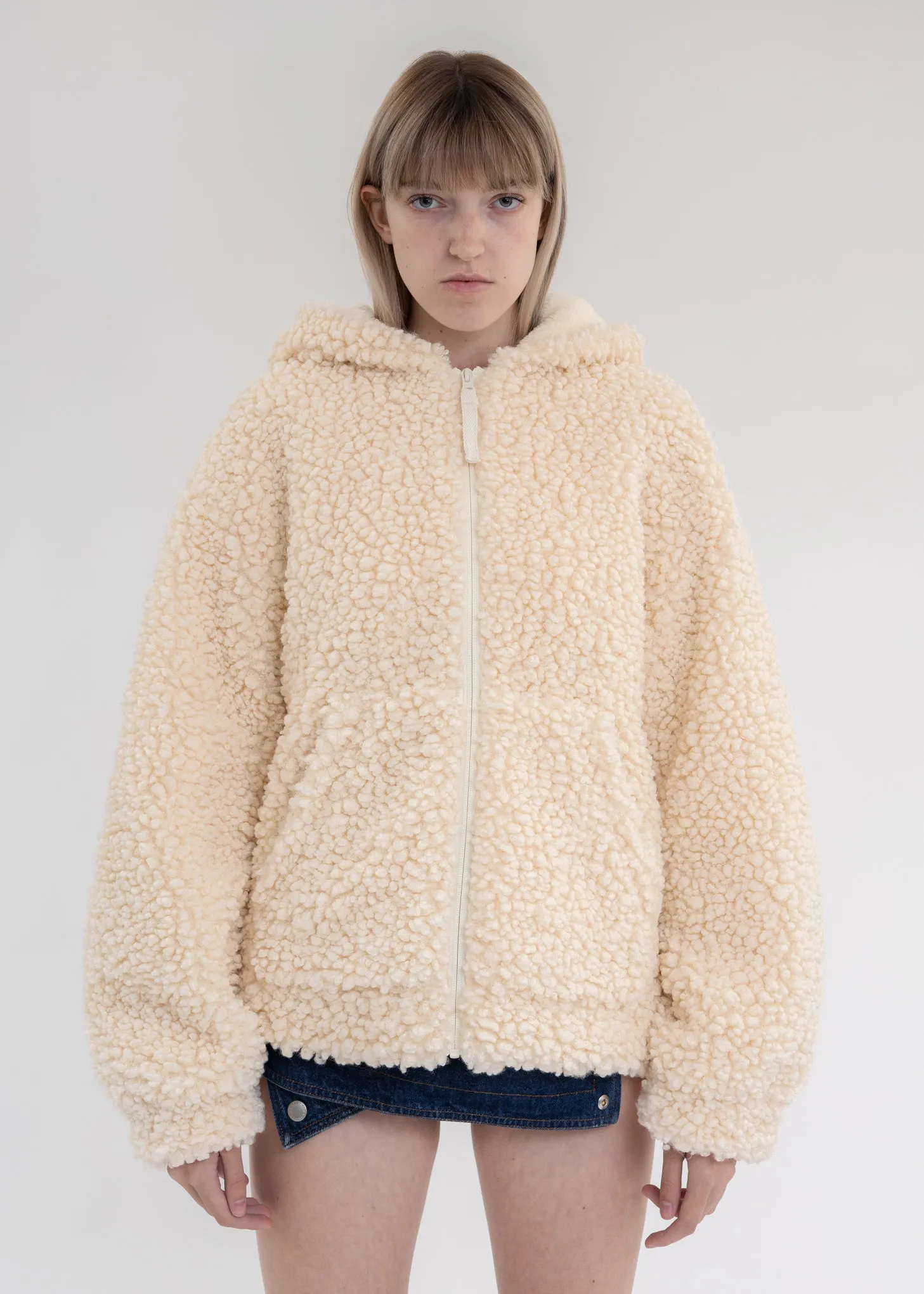 Winter White Faux Shearling Zip Hooded Jacket