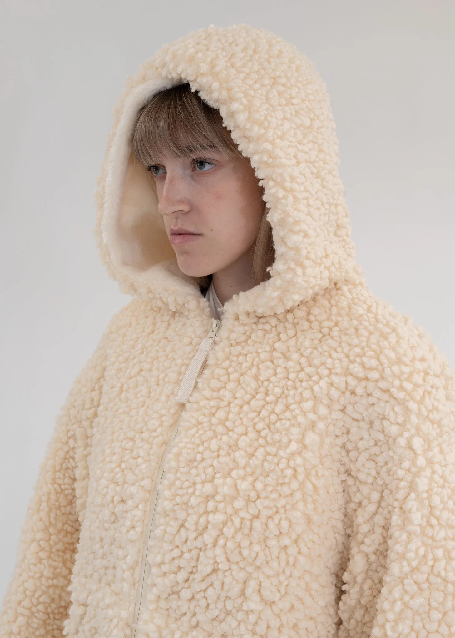 Winter White Faux Shearling Zip Hooded Jacket