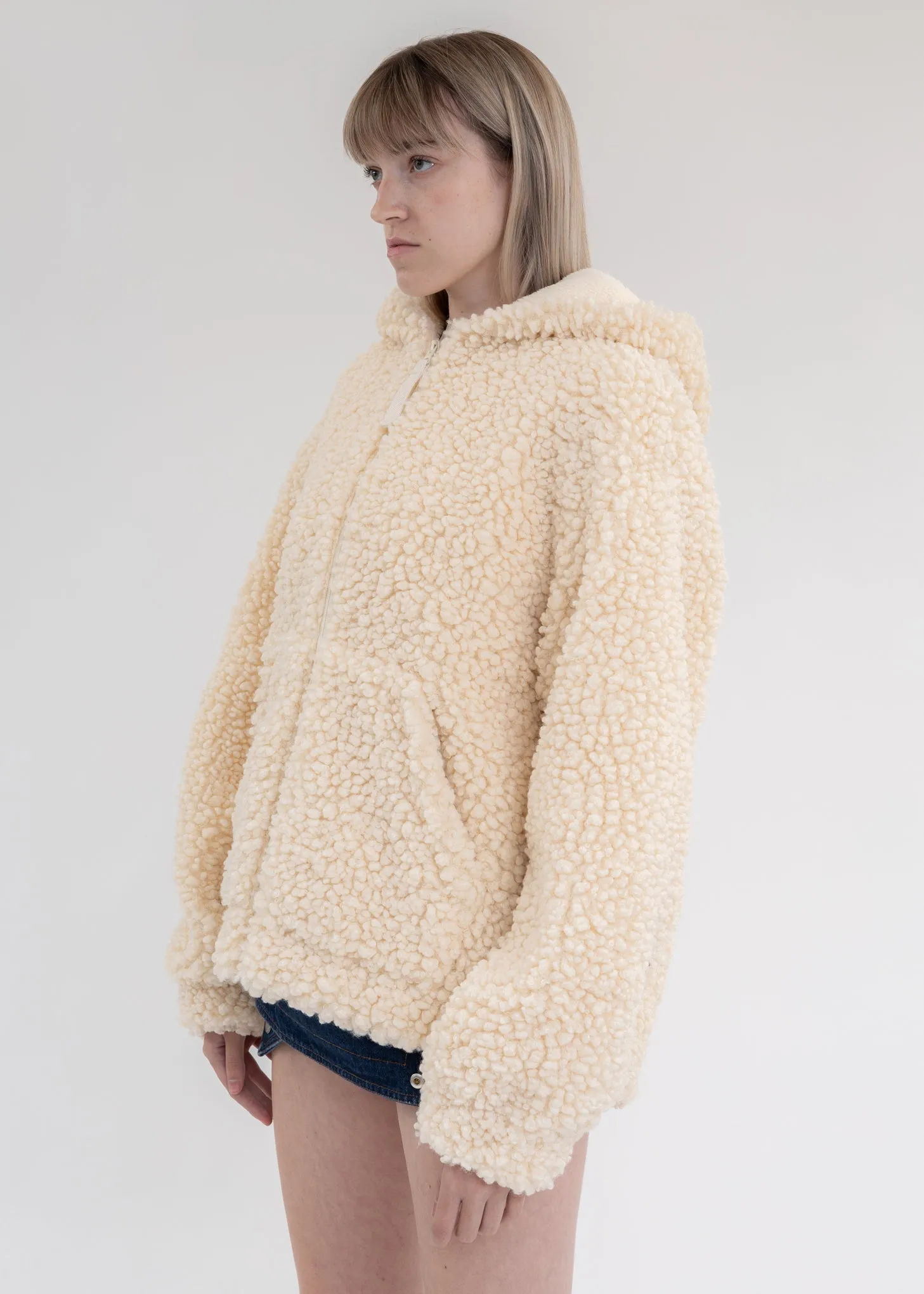 Winter White Faux Shearling Zip Hooded Jacket