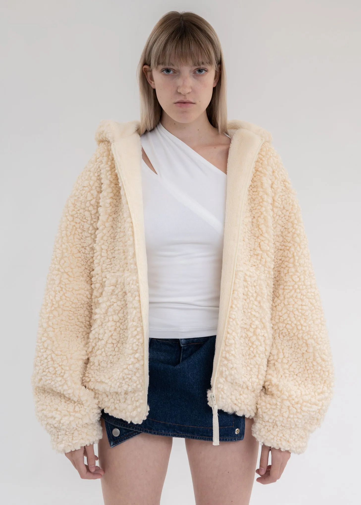 Winter White Faux Shearling Zip Hooded Jacket