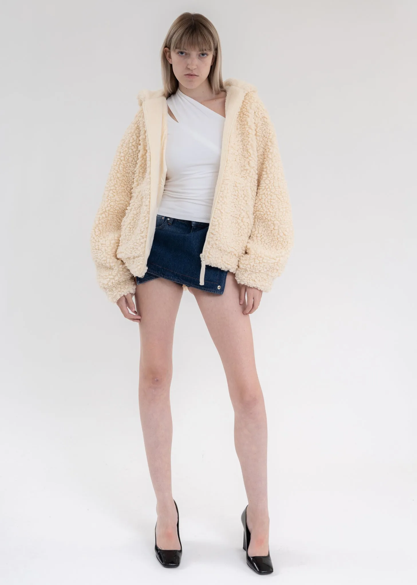 Winter White Faux Shearling Zip Hooded Jacket