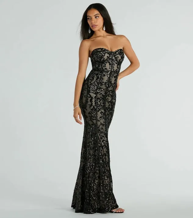 Women Black Tube Top Sequined Formal Dress