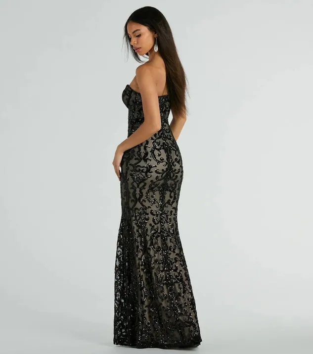 Women Black Tube Top Sequined Formal Dress