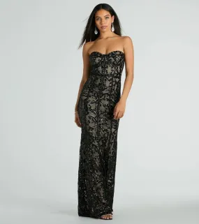 Women Black Tube Top Sequined Formal Dress