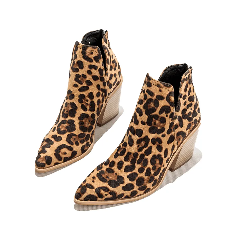 Women fashion pointed toe side v cut back zipper chunky ankle boots